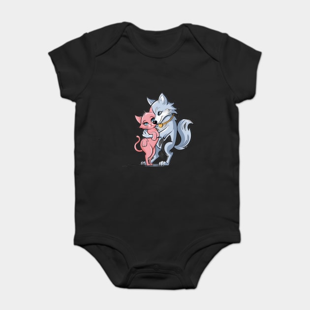 Smaller Pink Cat, with the Wolf’s Arm around the Cat’s Shoulder, Both Displaying Human-Like Expressions of Gentle Smiling and Contentment Baby Bodysuit by animegirlnft